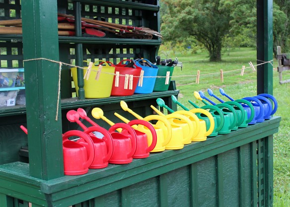 Colorful Watering Cans Alongside the Colorful Flower Field. Photo Courtesy of Shelagh Dolan.